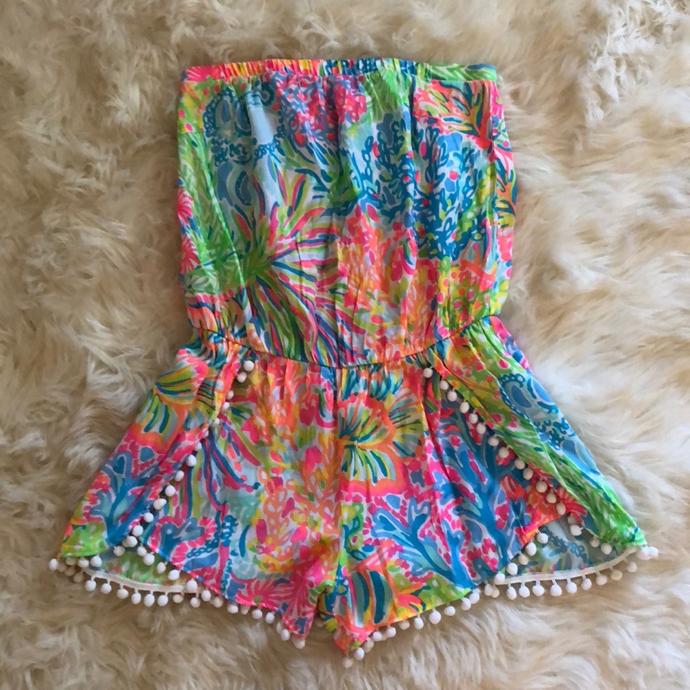 Lilly Pulitzer Daisy Pom Pom Romper Seaspray Blue